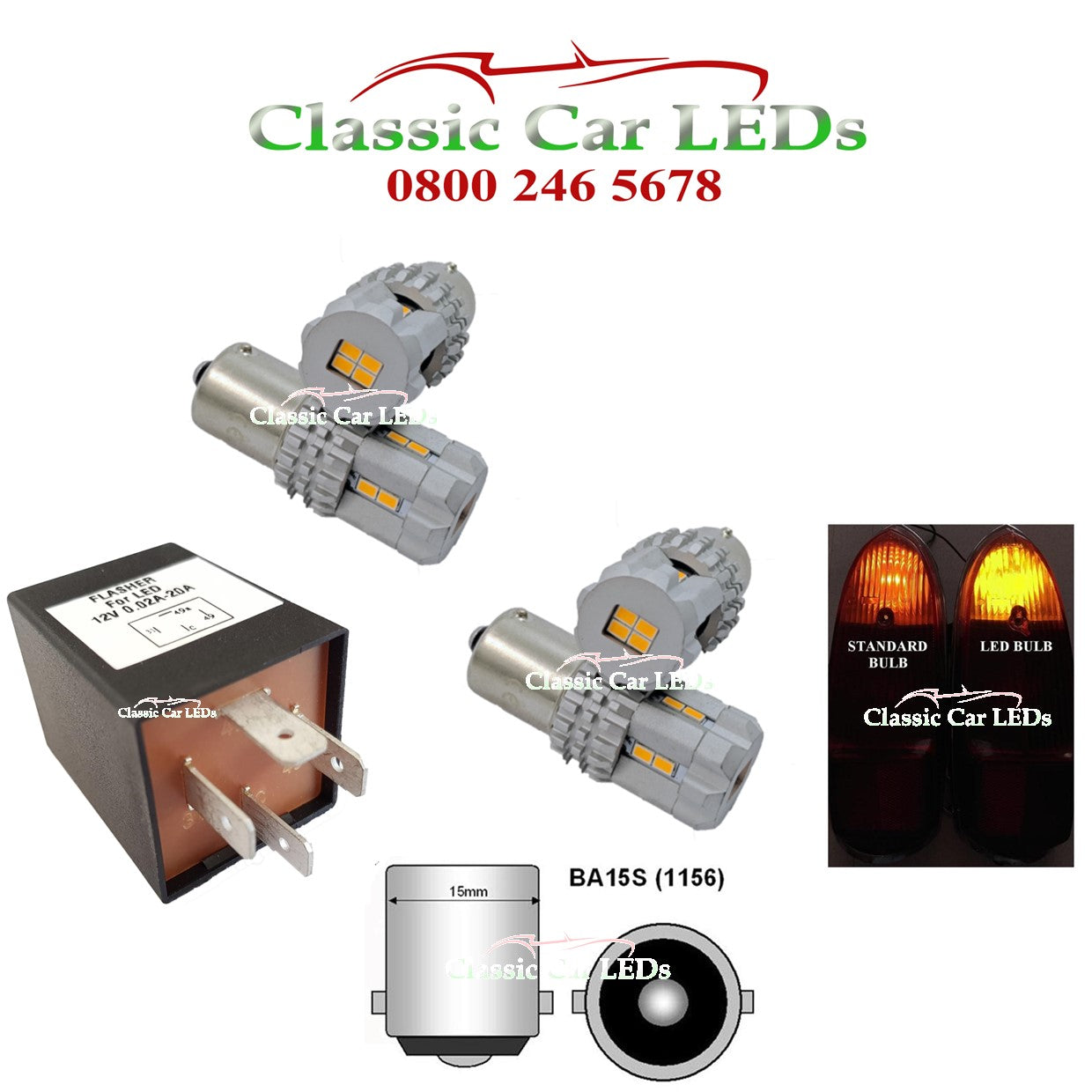 BRIGHT AMBER LED INDICATOR BULB KIT AND RELAY BA15S GLB382