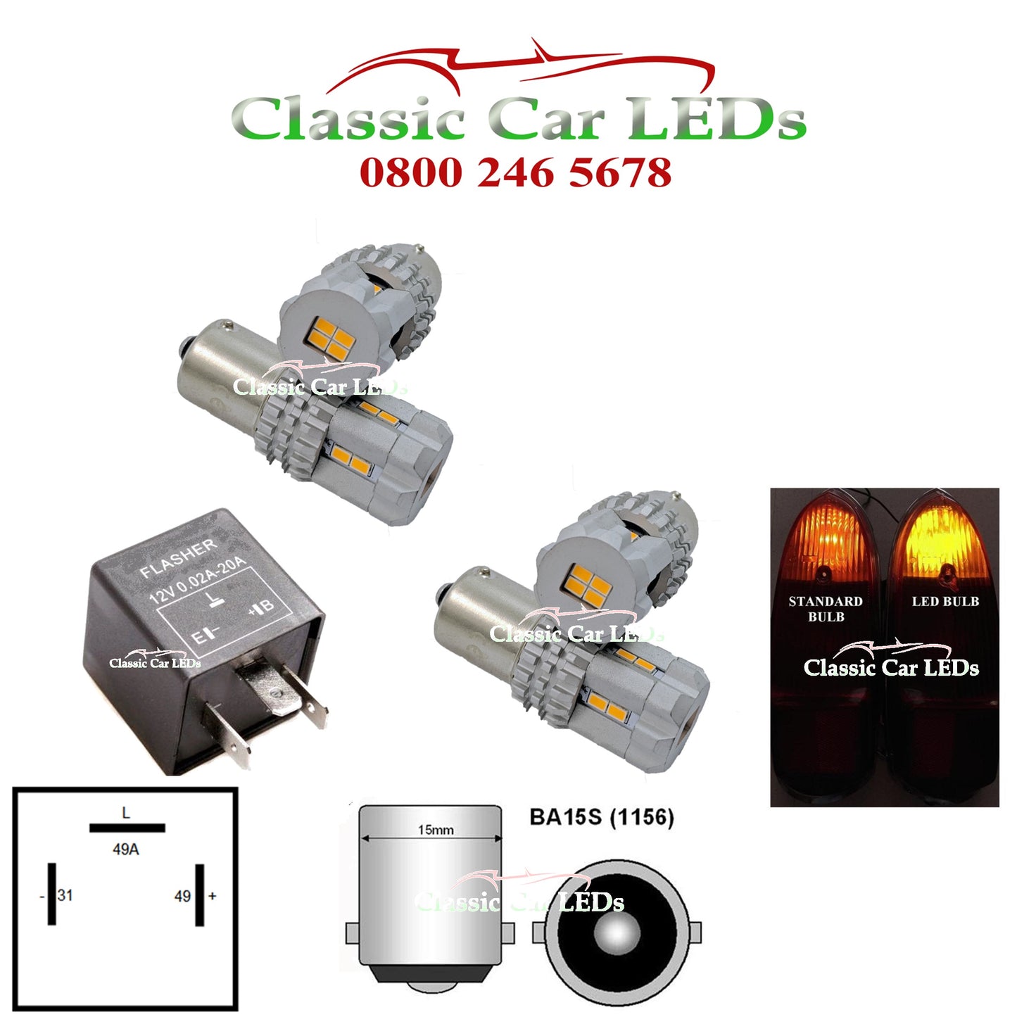 BRIGHT AMBER LED INDICATOR BULB KIT AND RELAY BA15S GLB382