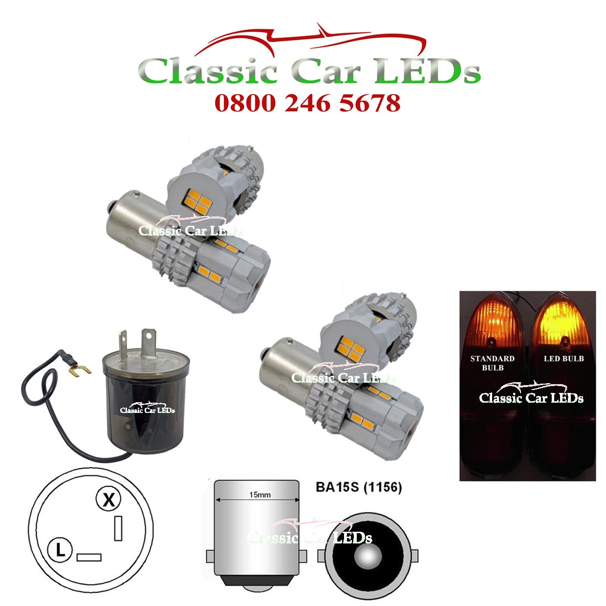 BRIGHT AMBER LED INDICATOR BULB KIT AND RELAY BA15S GLB382