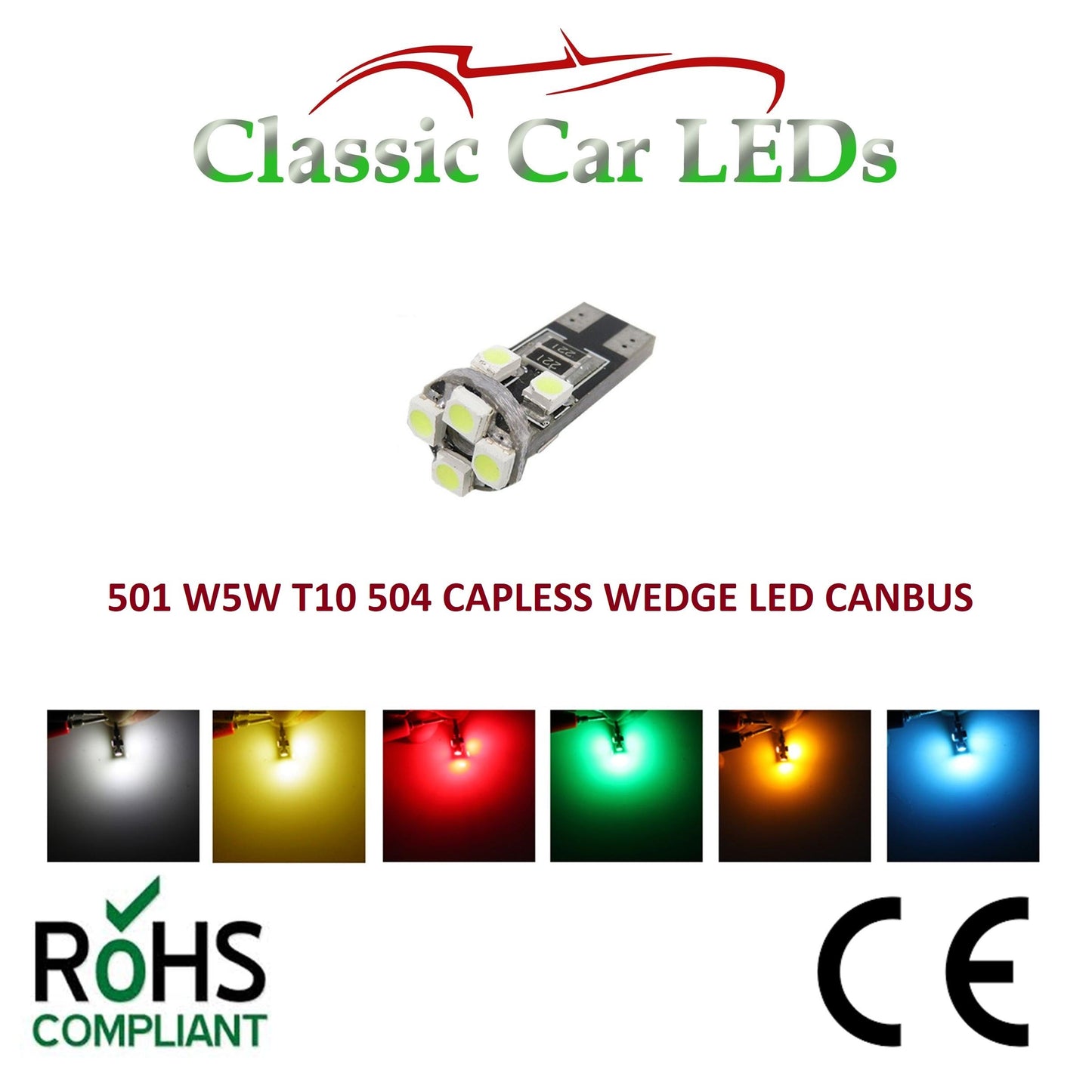 GLB504 T10 LED Capless Wedge Bulbs Classic Car Gauge Dashboard Various Colours